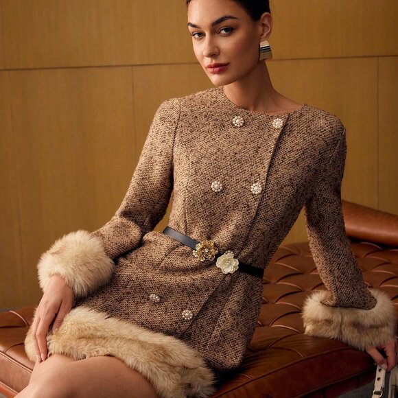 Khaki Elegant Women's Premium Tweed Contrast Faux Fur Mini Dress - Picture 8 of 10